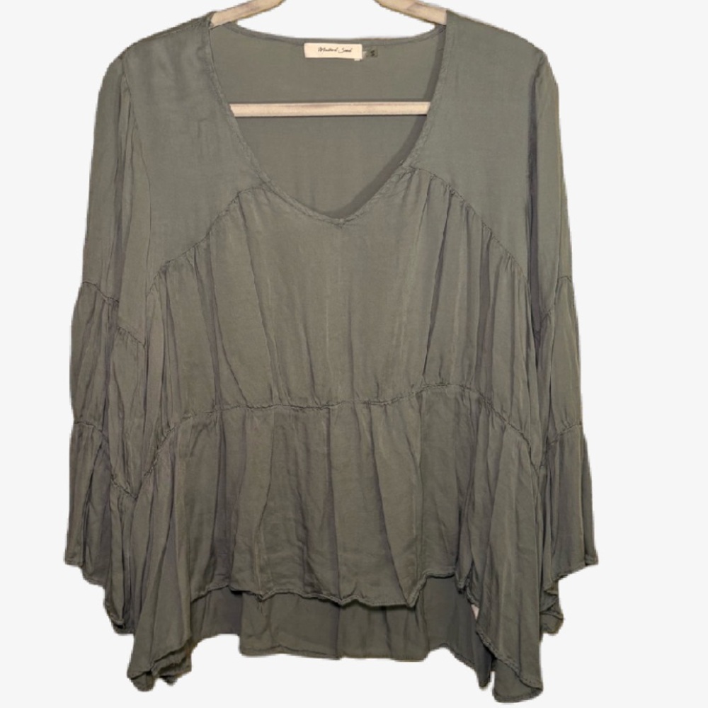 Mustard Seed Green Tunic with Bell Sleeves and Relaxed Fit